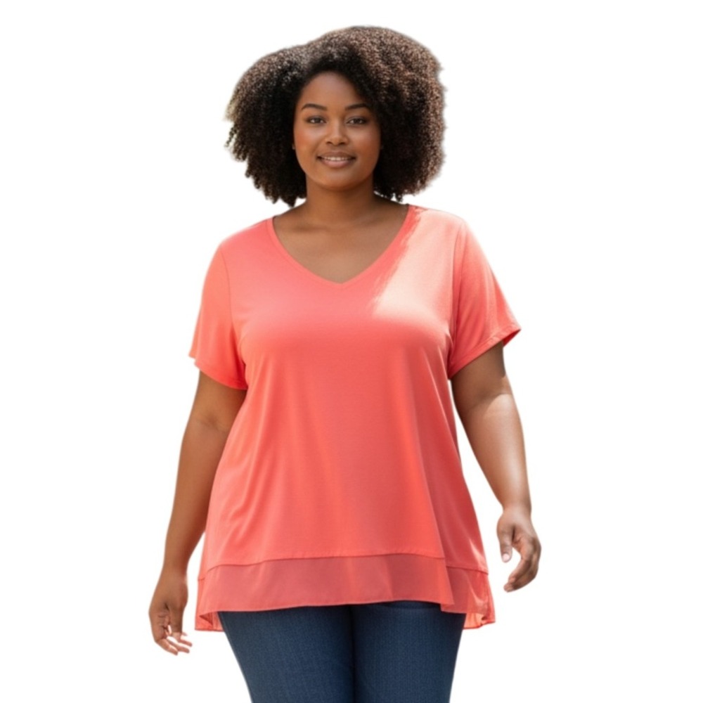 JM Collection V-Neck Sheer-Hem Tunic, Flowy, Stretchy, Coral Orange, Sz 2X